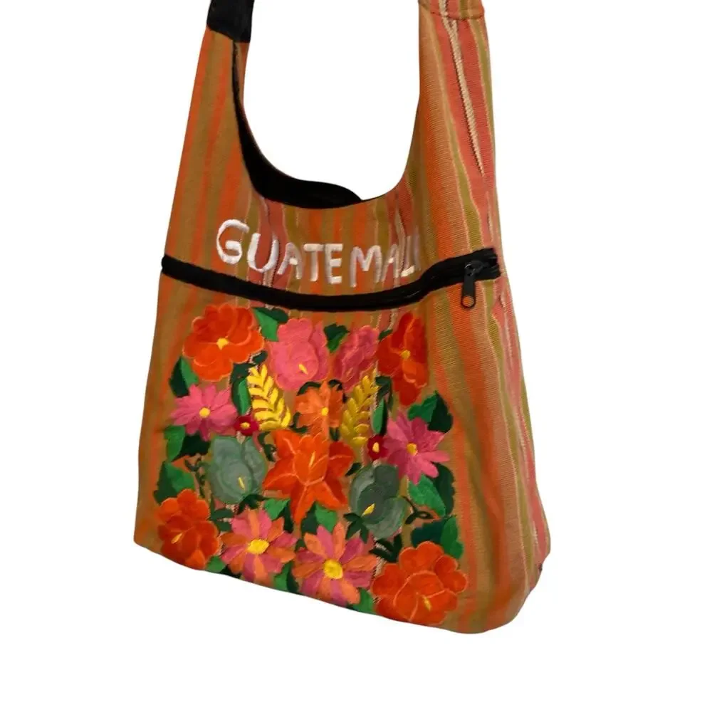 Guatemala Embroidered Floral Hobo Bag Multicolor Striped Shoulder Boho